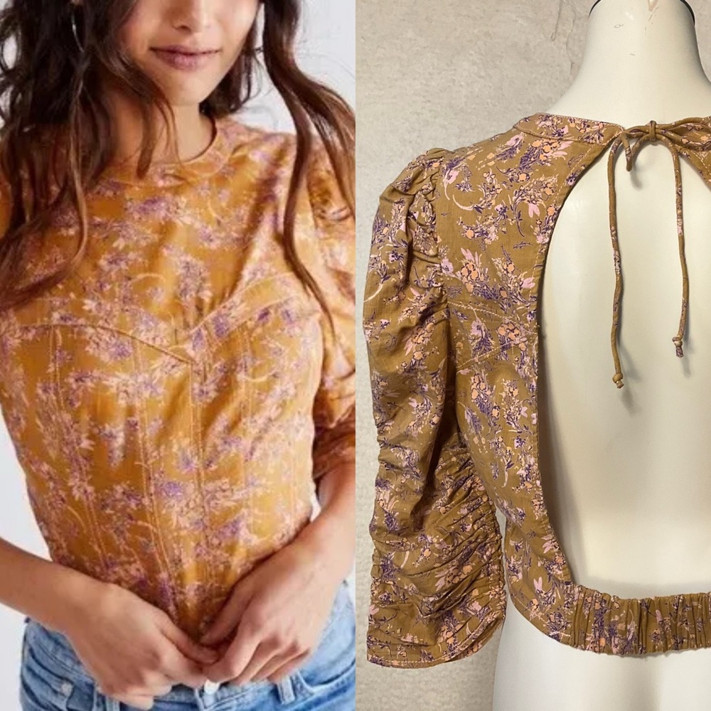 FREE PEOPLE sz Medium Monica Top Open Back Neck Tie Cropped Cotton Floral NWOT